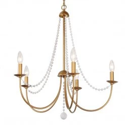 Hot Sale LNC Modern Gold Chandelier With Wooden Beads - 5 Lights