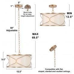 LNC Modern Gold Chandelier With Fabric Shade - 3 Lights