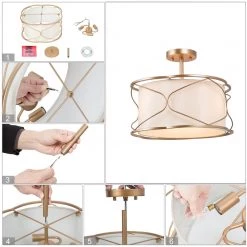 LNC Modern Gold Semi-flush Mount With Fabric Shade - 3 Lights Hot Sale