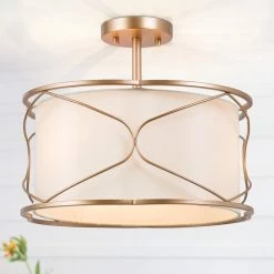 LNC Modern Gold Semi-flush Mount With Fabric Shade - 3 Lights Hot Sale