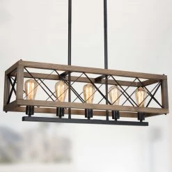 LNC Rectangle Rustic Kitchen Island Chandelier-5 Lights-Clearance Lighting