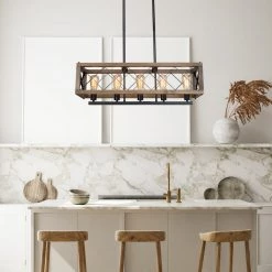 LNC Rectangle Rustic Kitchen Island Chandelier-5 Lights-Clearance Lighting