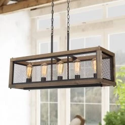 LNC Rectangle Chandelier, Wood And Metal Chandelier-Clearance Lighting