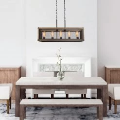 LNC Rectangle Chandelier, Wood And Metal Chandelier-Clearance Lighting