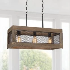 LNC Rectangle Chandelier, Kitchen Island Chandelier, Wood And Metal Chandelier-Clearance