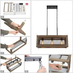 LNC Rectangle Chandelier, Kitchen Island Chandelier, Wood And Metal Chandelier-Clearance