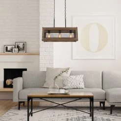 LNC Rectangle Chandelier, Kitchen Island Chandelier, Wood And Metal Chandelier-Clearance