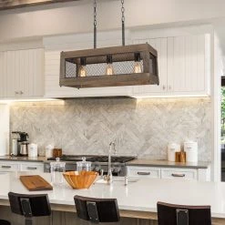 LNC Rectangle Chandelier, Kitchen Island Chandelier, Wood And Metal Chandelier-Clearance