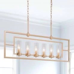 Modern Hot Sale LNC Gold Wide Kitchen Island Chandelier With Seeded Glass - 6 Lights