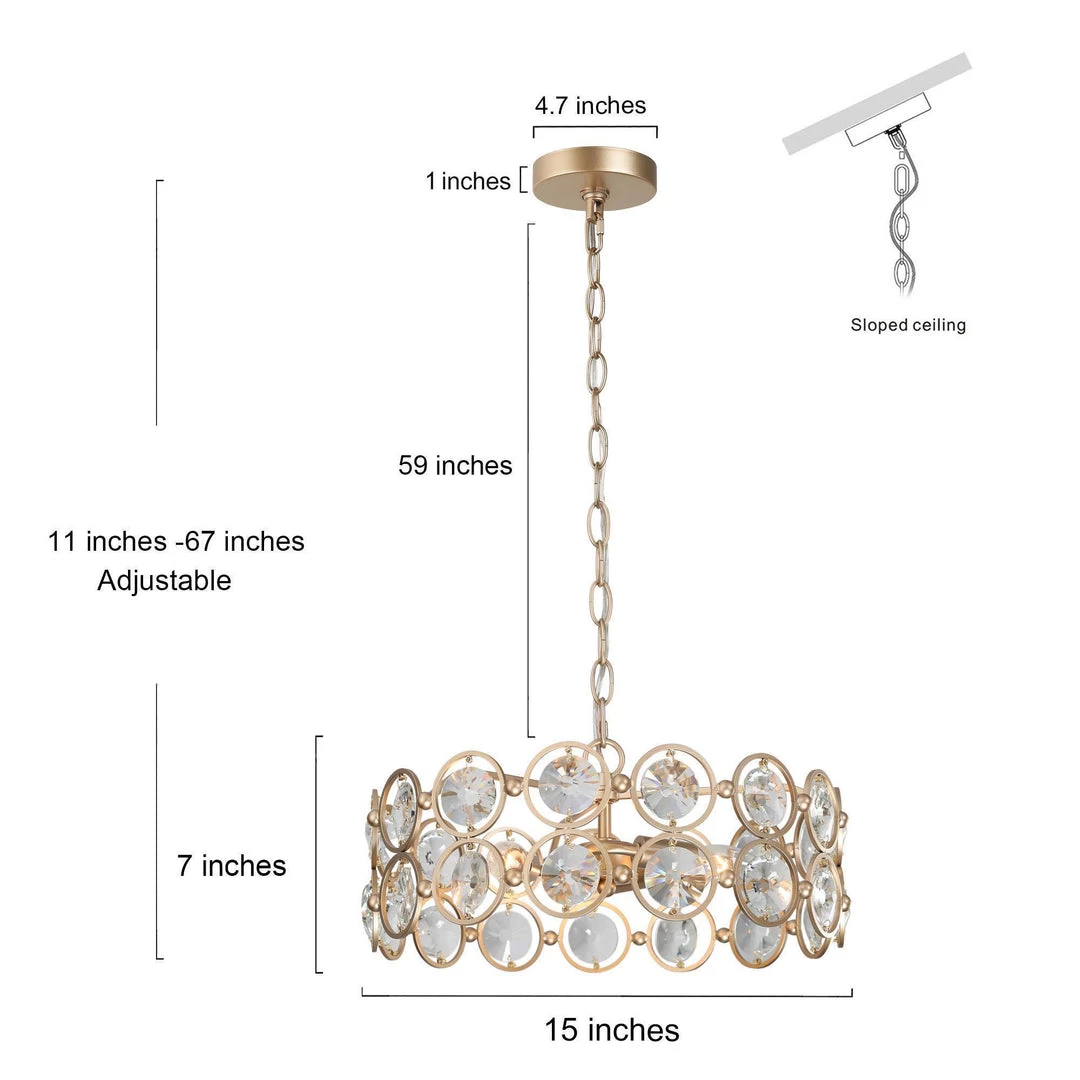 LNC Modern Gold Crystal Drum Chandelier-3 Lights 6 LNC Modern Gold Crystal Drum Chandelier-3 Lights