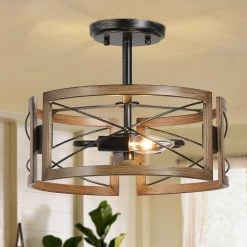 Lighting LNC Rustic Semi Flush Ceiling Light, Distressed Dark Brown-Clearance