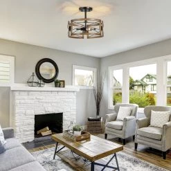 Lighting LNC Rustic Semi Flush Ceiling Light, Distressed Dark Brown-Clearance