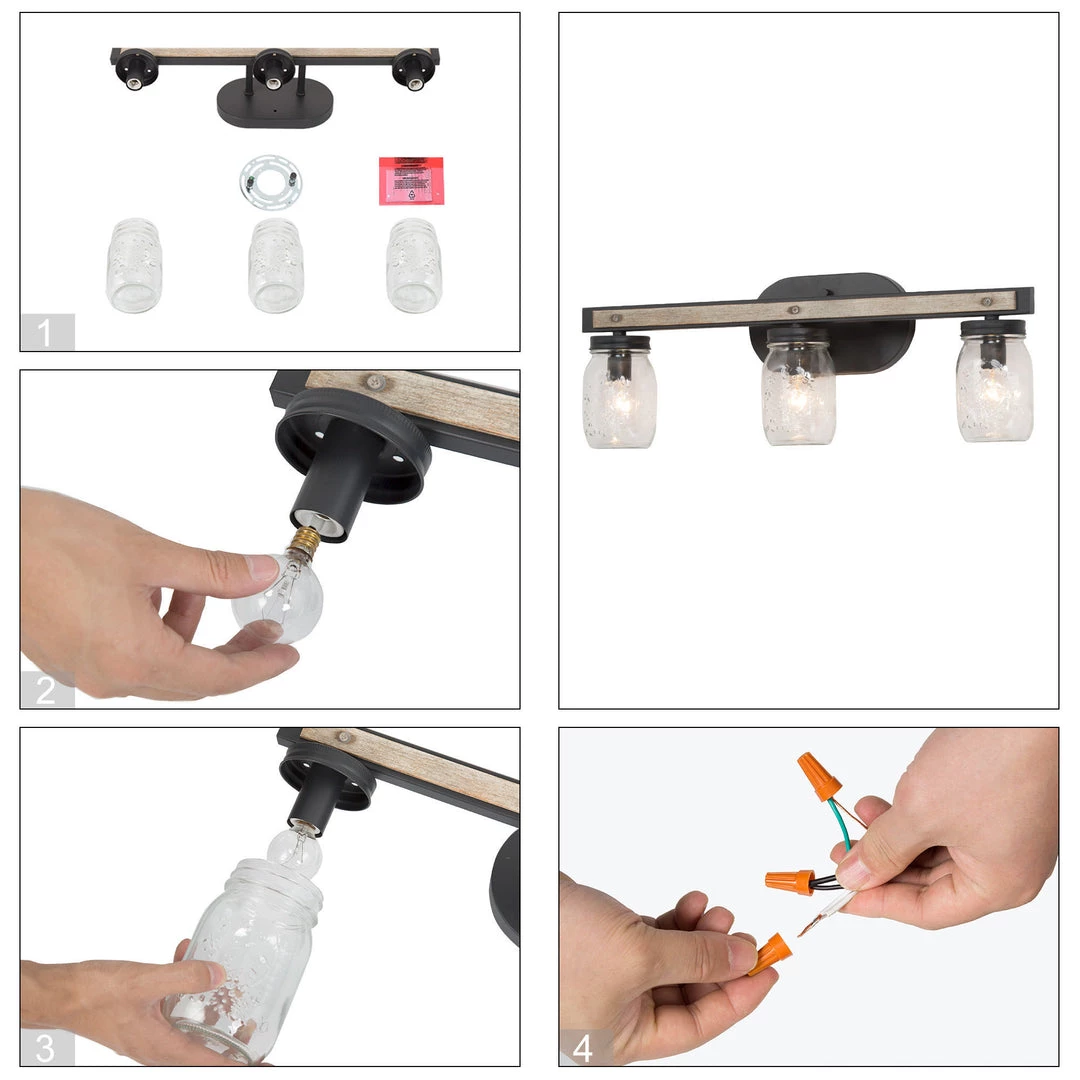 LNC Rustic Mason Jar Vanity Light-3 Lights 9 LNC Rustic Mason Jar Vanity Light-3 Lights