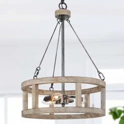 LNC Vintage Wood Pendant Cage Drum Pendant Light-Clearance Lighting