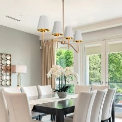 Lighting LNC Modern Contemporary Linear Chandelier, Aged Gold Frame & Cream Shades-Clearance