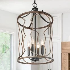LNC Modern Lantern Chandelier, Dark Brown Frame-Clearance