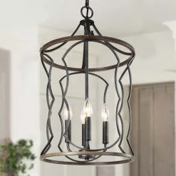 LNC Modern Polished Black Frame And Dark Brown Lantern-Clearance Lighting