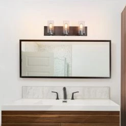 LNC Vintage Wooden Vanity With Seeded Glass - 3 Lights