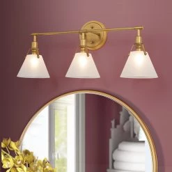Lighting LNC Gold Vanity Light With Tapered Glass Shades - 3 Lights-Clearance