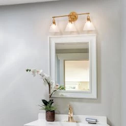 Lighting LNC Gold Vanity Light With Tapered Glass Shades - 3 Lights-Clearance
