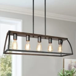 Hot Sale LNC Modern Industrial Rectangle Kitchen Chandelier-5 Lights