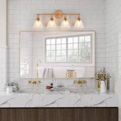 LNC HOME Gold Vanity Light With Tapered Glass Shades -4 Lights